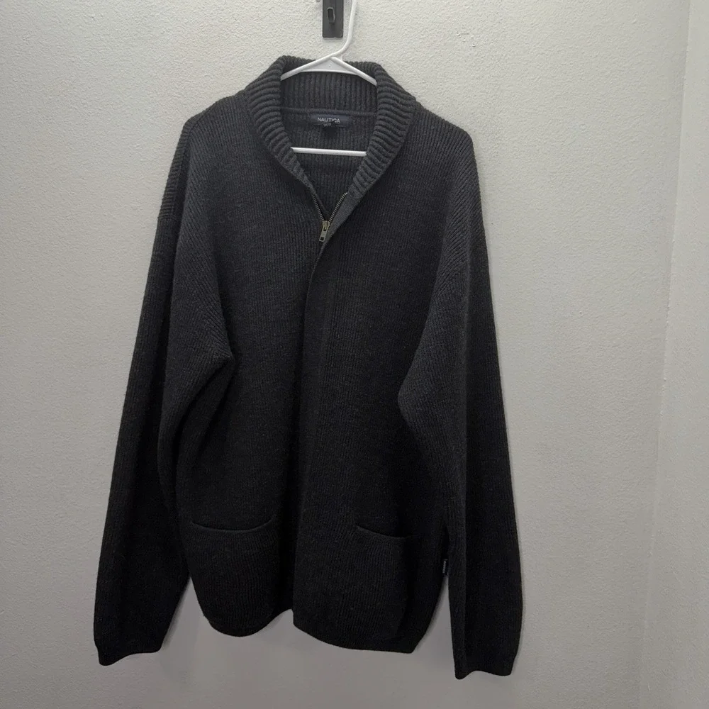 Nautica Chunky 100% Wool Shawl Collar Fisherman Jacket Sweater Ribbed Grandpa L